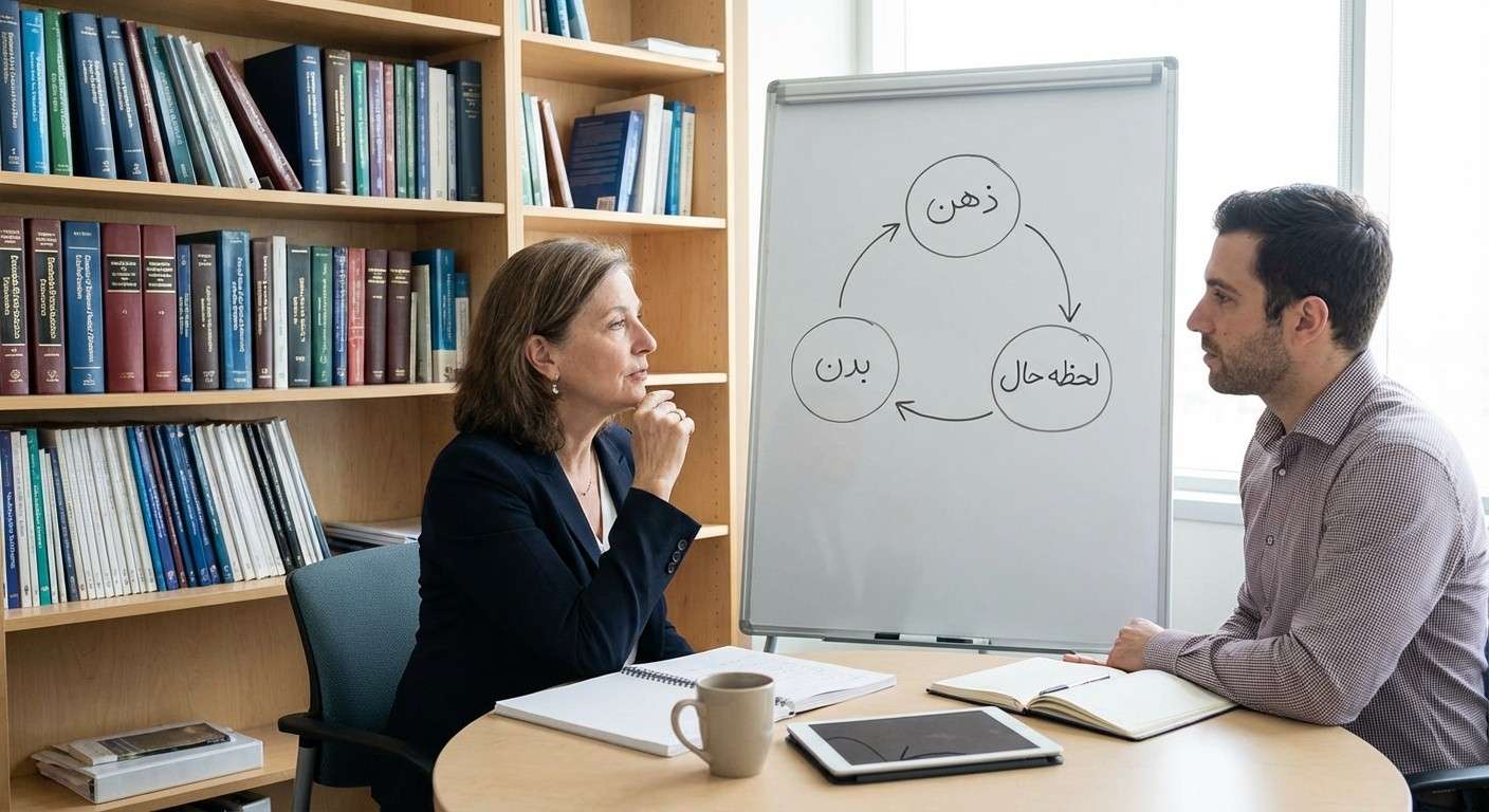 تصویر مفهومی که ارتباط بین ذهن، بدن و لحظه حال را نشان می‌دهد، نمادی از گشتالت‌درمانی و روان‌شناسی بدنمند.