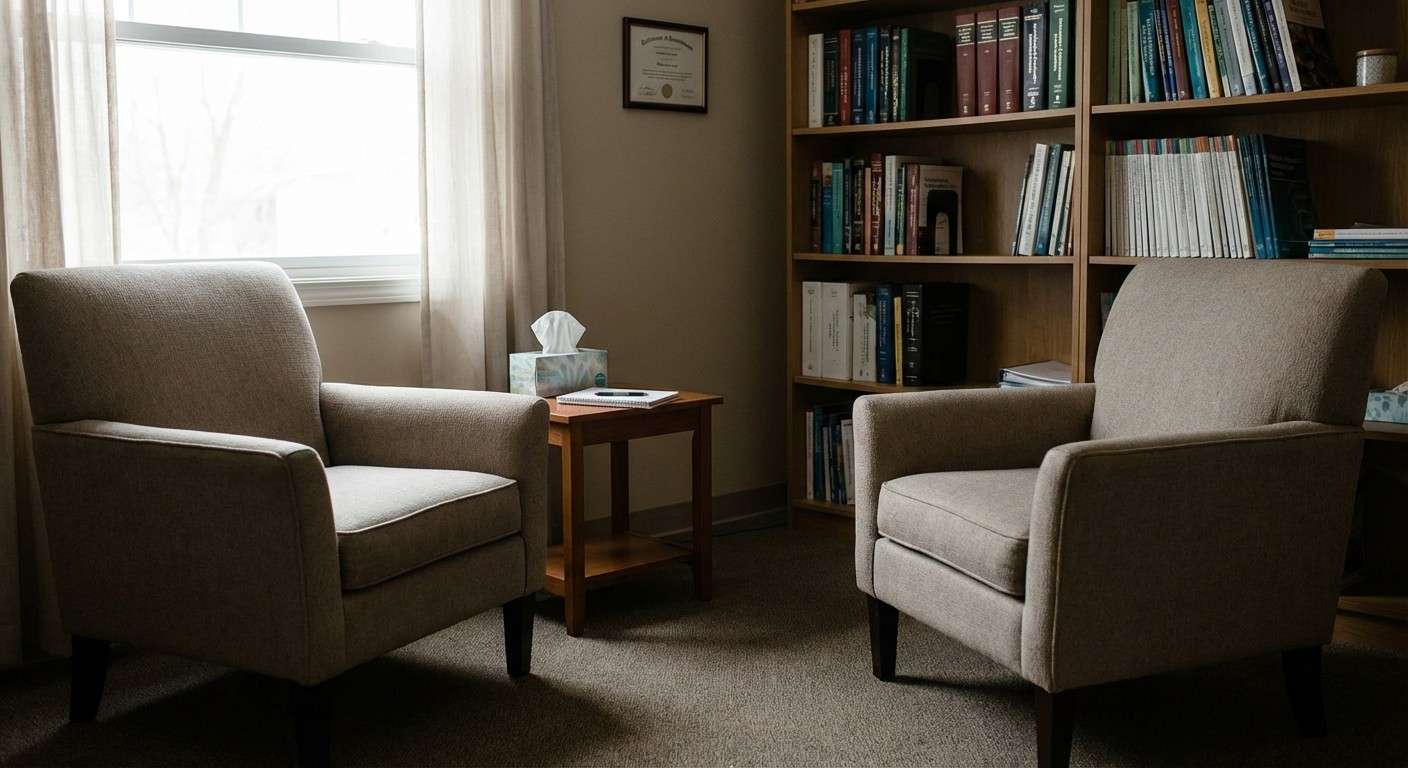 دو صندلی خالی روبروی هم در یک اتاق آرام، نمادی از تکنیک صندلی خالی در گشتالت‌درمانی.