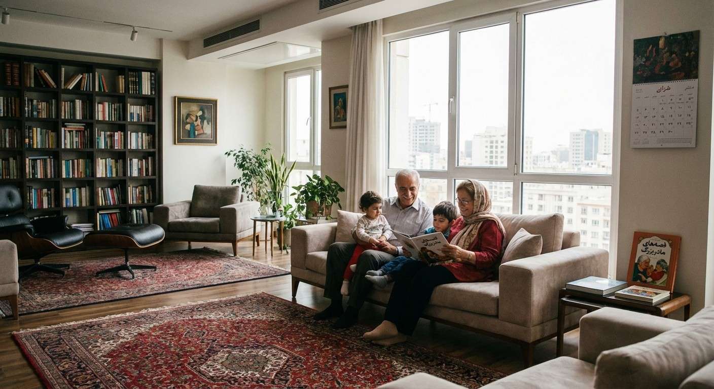 پدربزرگ و مادربزرگی با لبخند در حال خواندن کتاب برای نوه‌هایشان هستند، نماد انتقال تجربه و عشق بین نسلی.