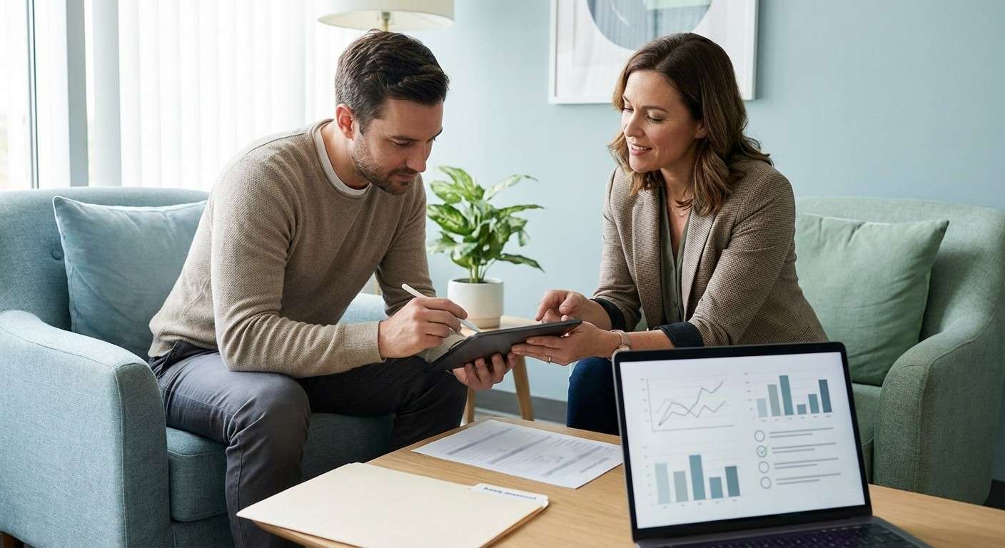 یک متخصص سلامت روان در حال مصاحبه بالینی با یک مراجع در محیطی آرام و حرفه‌ای.