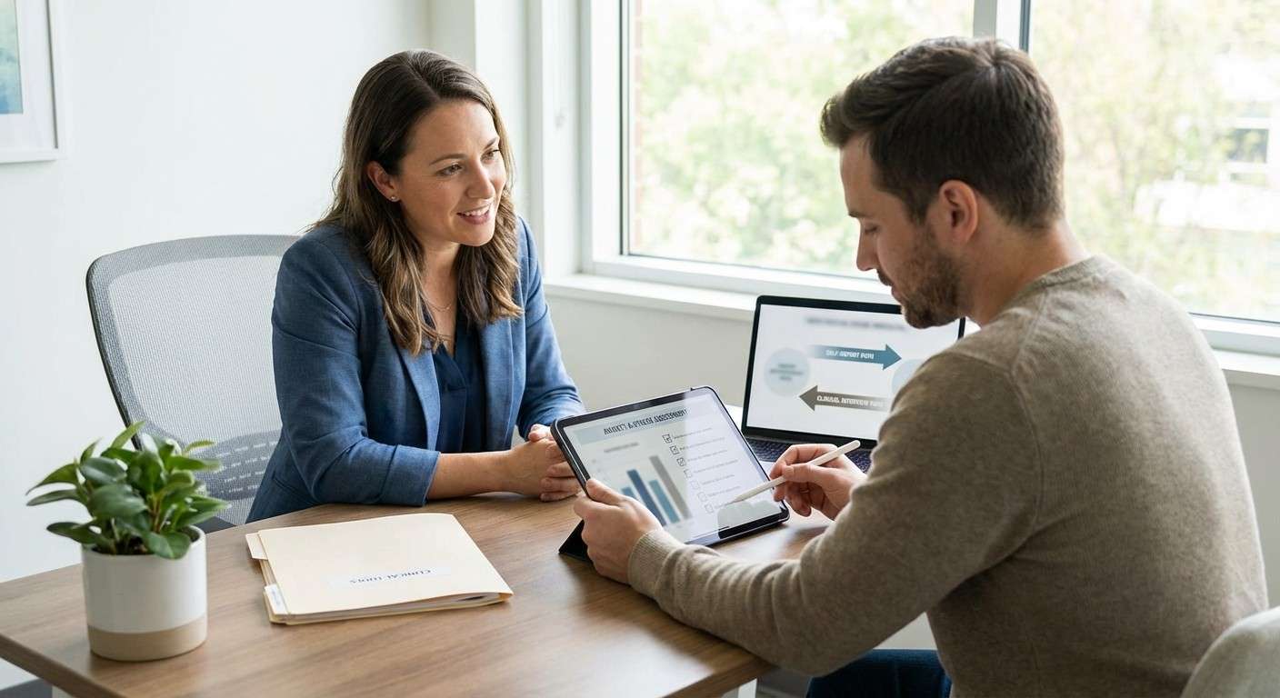 نموداری که دو مسیر ارزیابی را نشان می‌دهد: یکی مسیر مستقیم خودگزارشی و دیگری مسیر تعاملی مصاحبه بالینی.