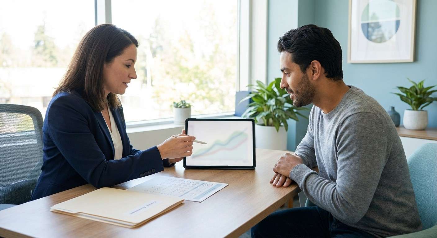 یک متخصص سلامت روان در حال مصاحبه بالینی با یک مراجع در فضایی حرفه‌ای و امن.