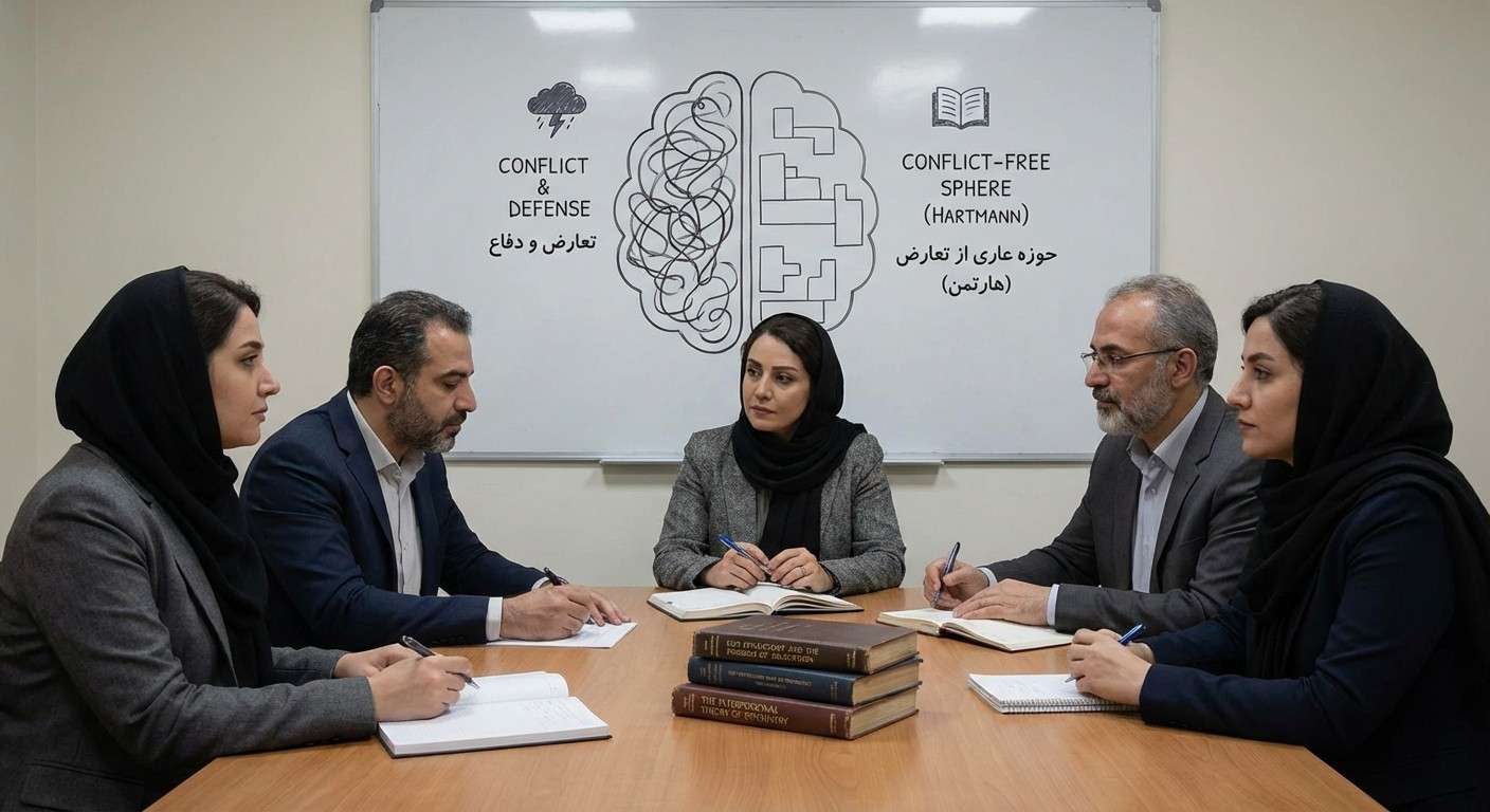 تصویری مفهومی از ذهن که نیمی از آن طوفانی و درگیر تعارض و نیم دیگر آن آرام و در حال سازندگی است، نماد نظریه حوزه عاری از تعارض هارتمن.