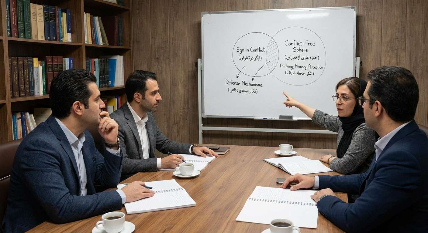 نموداری که دو بخش ایگو را نشان می‌دهد: بخش درگیر تعارض و حوزه عاری از تعارض با کارکردهایی مثل تفکر و حافظه.