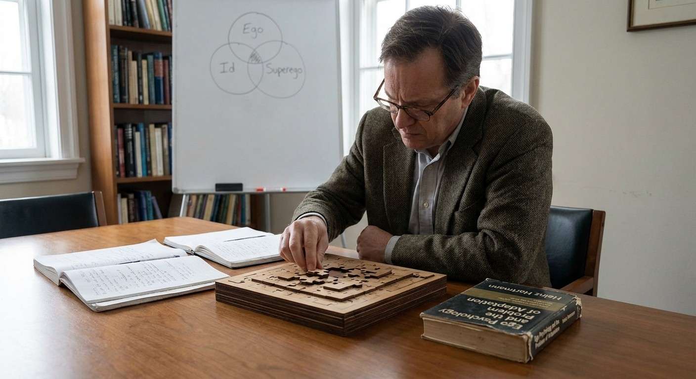 فردی که با تمرکز در حال حل یک پازل پیچیده است، نماد کارکردهای سازگار ایگو و حل مسئله.