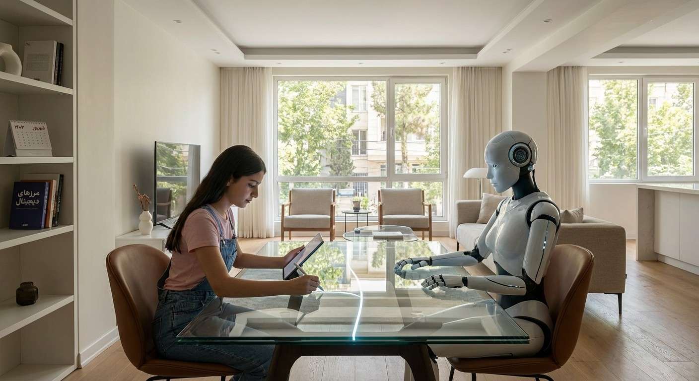 نوجوانی که با کشیدن یک خط نمادین، مرز بین خود و یک ربات هوش مصنوعی را مشخص می‌کند، نمادی از مرزبندی سالم دیجیتال.