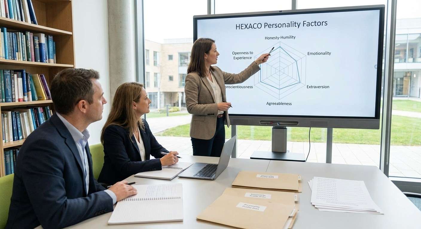 تصویر مفهومی مدل شخصیت هگزاکو که شش عامل آن، به ویژه صداقت-تواضع را برجسته می‌کند.