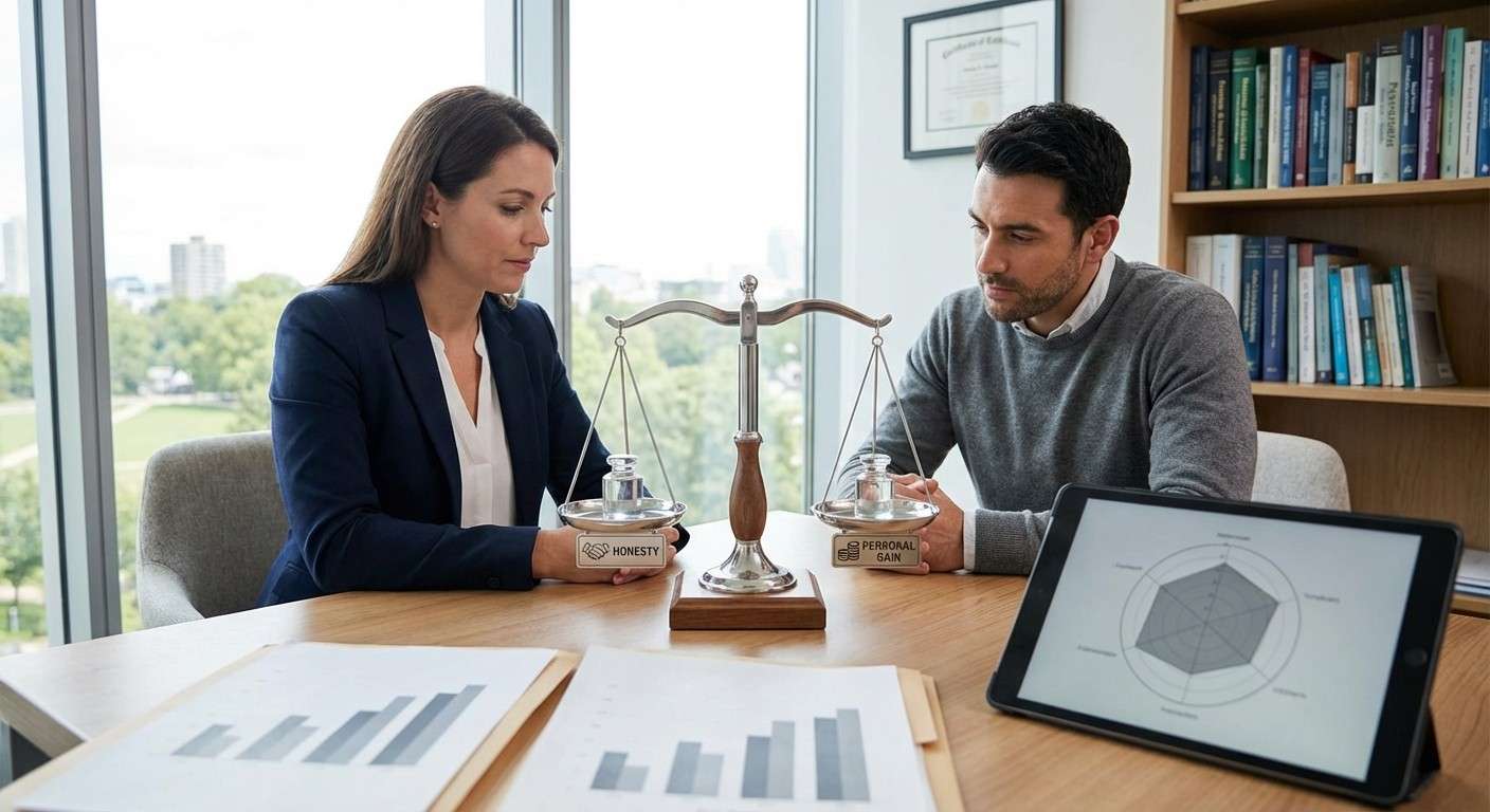 تصویر مفهومی یک ترازو که در یک کفه آن صداقت و در کفه دیگر منفعت شخصی قرار دارد، نماد عامل صداقت-تواضع.