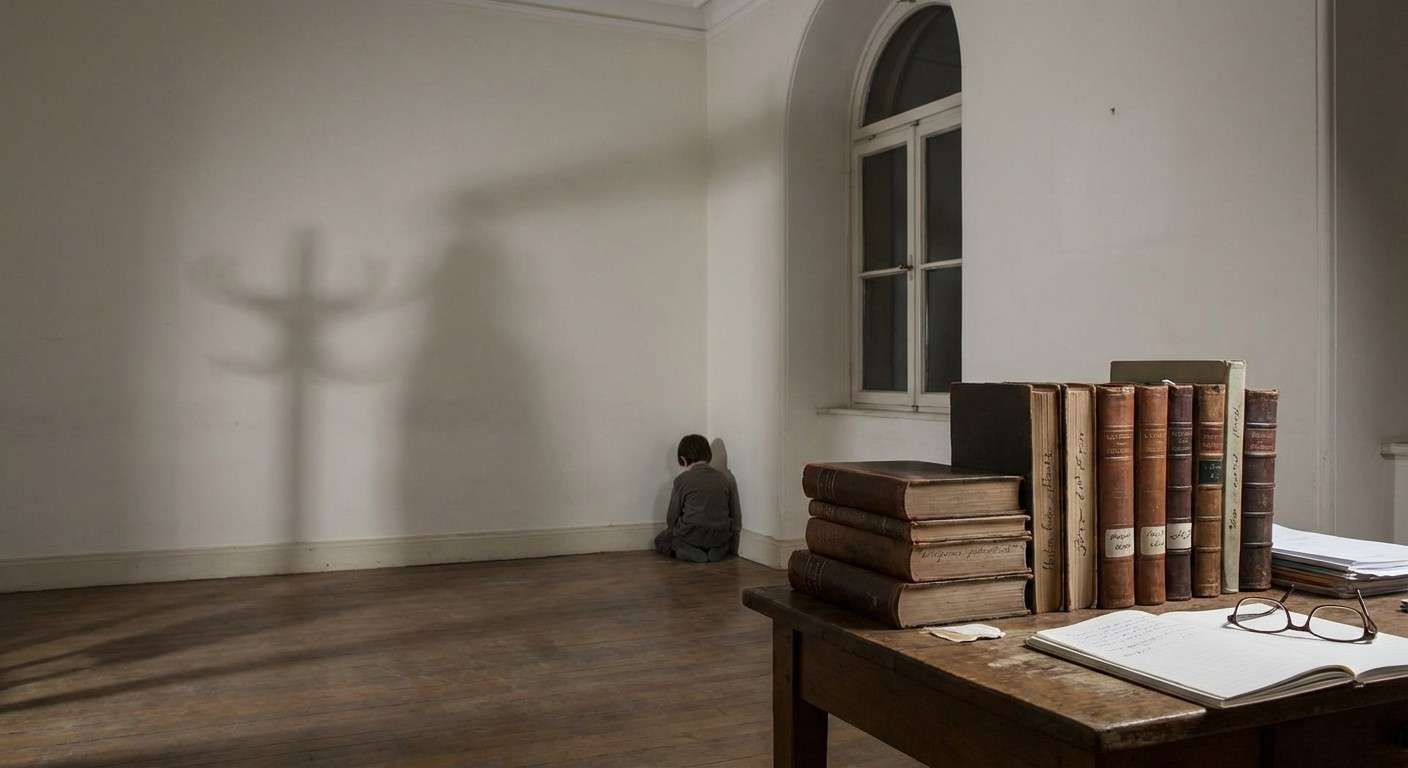 کودکی تنها که در گوشه یک اتاق بزرگ و خالی نشسته و سایه‌های ترسناکی روی دیوارها دیده می‌شود.