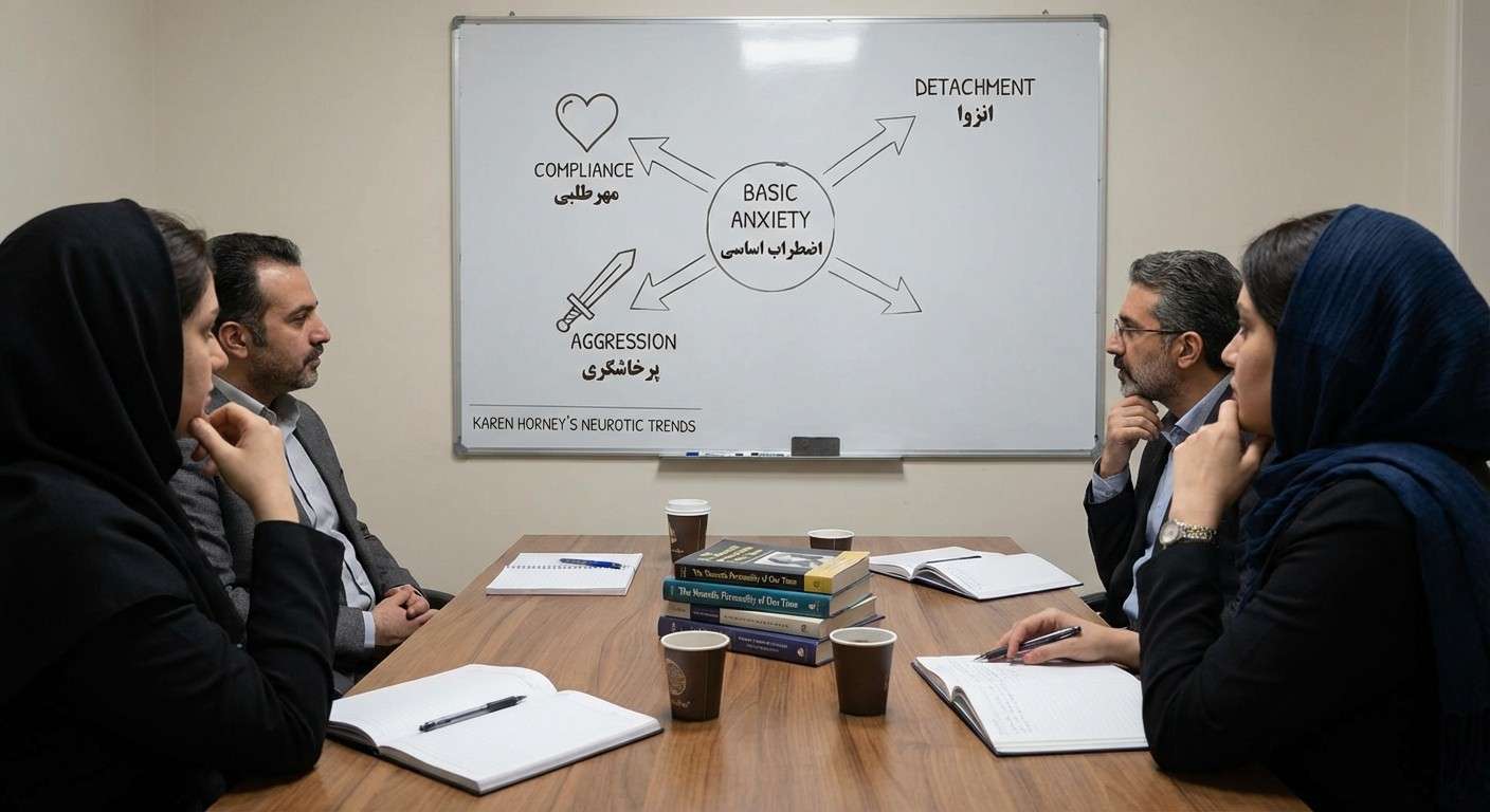 سه پیکان که از یک نقطه مرکزی به سه جهت مختلف حرکت می‌کنند: یکی به سمت یک قلب (مهرطلبی)، یکی به سمت یک شمشیر (پرخاشگری) و یکی به دور از همه (انزوا).