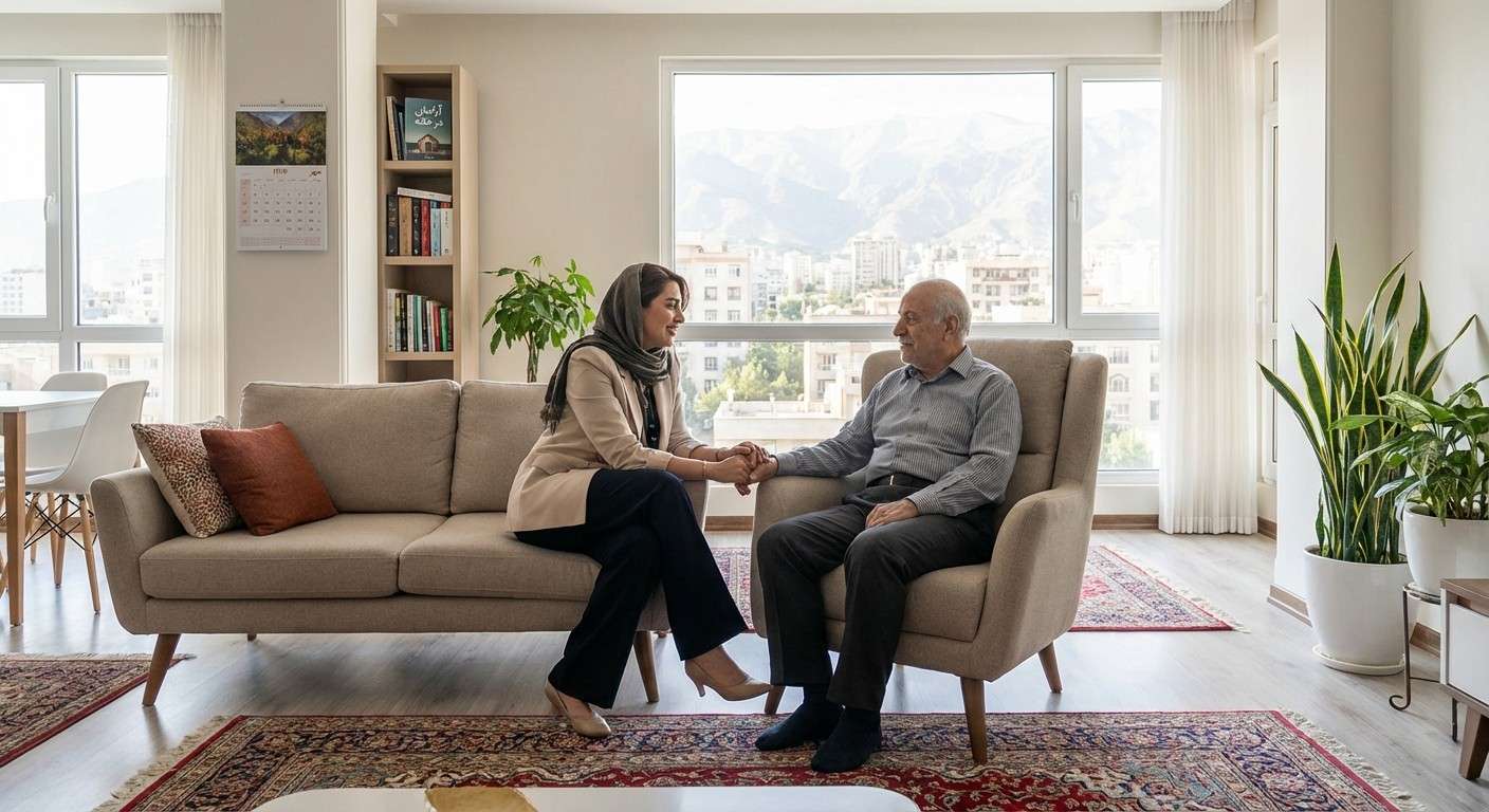 یک فرزند بزرگسال با محبت و احترام در حال صحبت کردن با والد سالمند خود در یک محیط آرام و صمیمی.