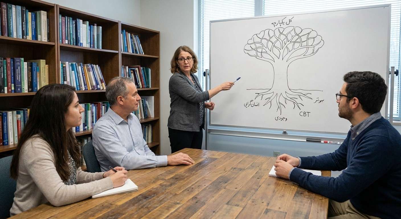 تصویر مفهومی از یک درخت که ریشه‌های آن از مکاتب مختلف روانشناسی (انسان‌گرایی، وجودی، CBT) تغذیه می‌کند و شاخه‌های آن یک کل یکپارچه را تشکیل می‌دهند.