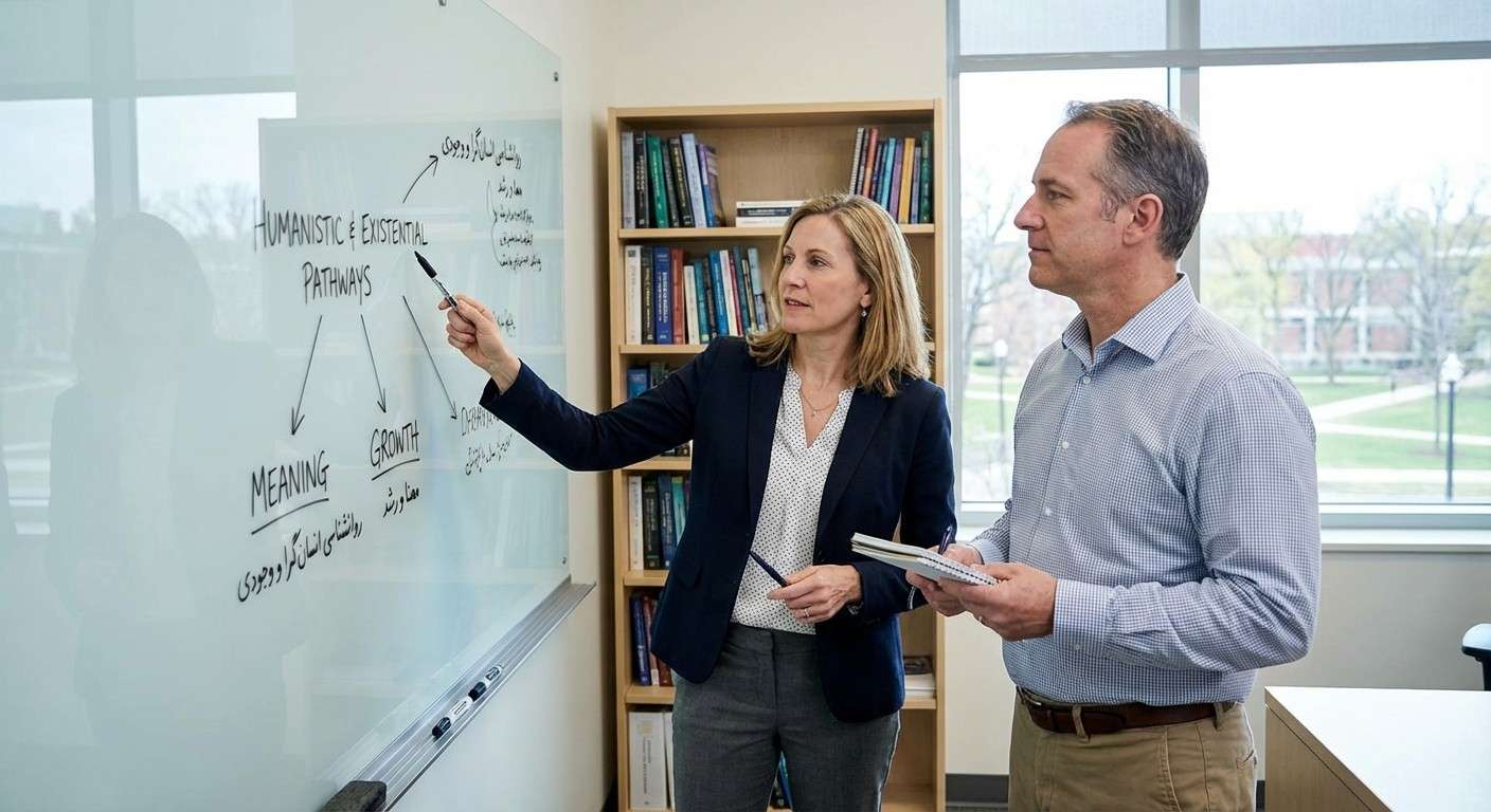 نقشه راهی مفهومی که مسیرهای روانشناسی انسان‌گرا و وجودی را برای درک معنا و رشد نشان می‌دهد.