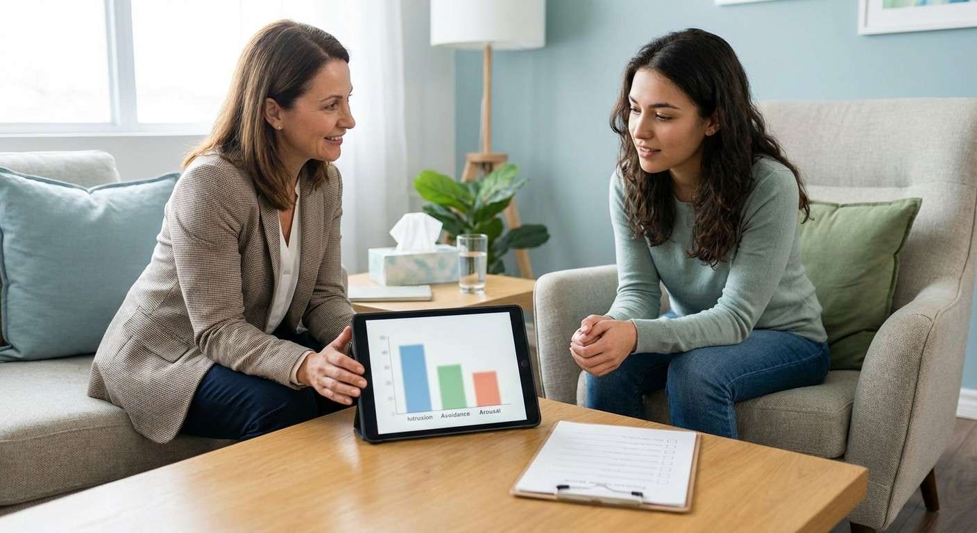 نمایی مفهومی از مقیاس تأثیر رویداد (IES-R) که سه واکنش اصلی به تروما یعنی نفوذ، اجتناب و برانگیختگی را نشان می‌دهد.