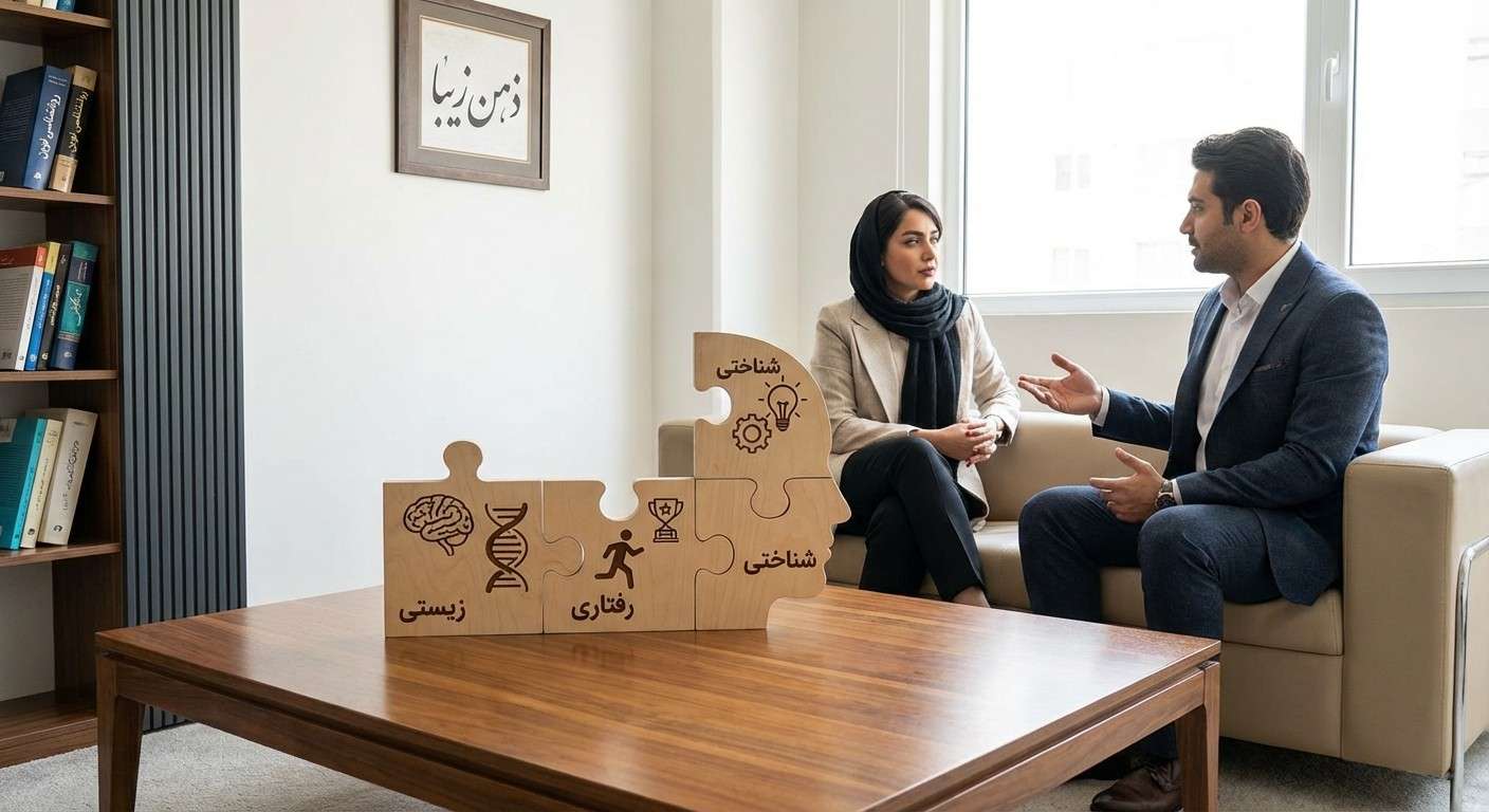 تصویر مفهومی که سه رویکرد زیستی، رفتاری و شناختی را به عنوان قطعات پازل در کنار هم نشان می‌دهد تا تصویر کامل ذهن را بسازند.