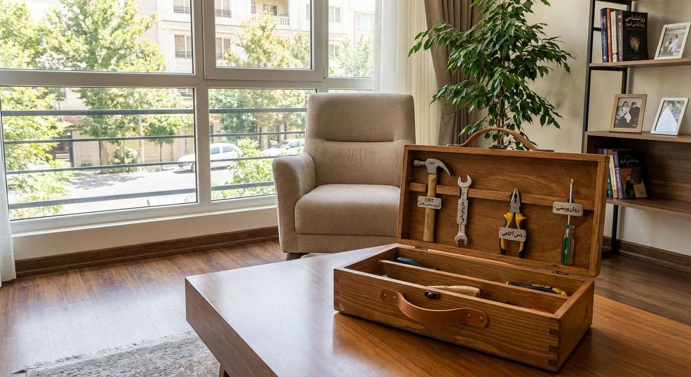 یک جعبه‌ابزار که ابزارهای مختلفی با برچسب‌های CBT، دارودرمانی، ذهن‌آگاهی و روان‌پویشی در آن قرار دارد.