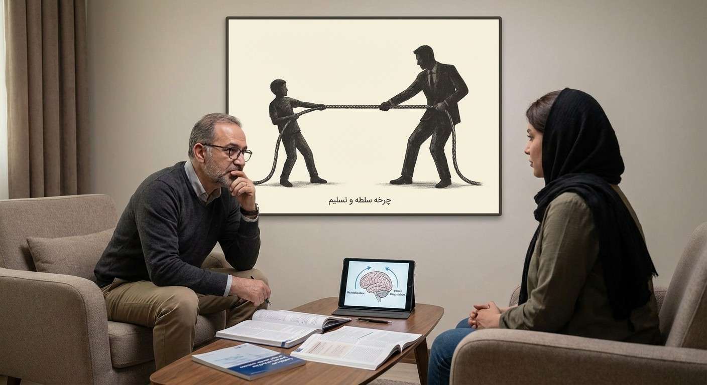 تصویر مفهومی از دو سایه که یکی بزرگتر و دیگری کوچکتر است و در حال کشیدن یک طناب هستند، نماد چرخه سلطه و تسلیم.