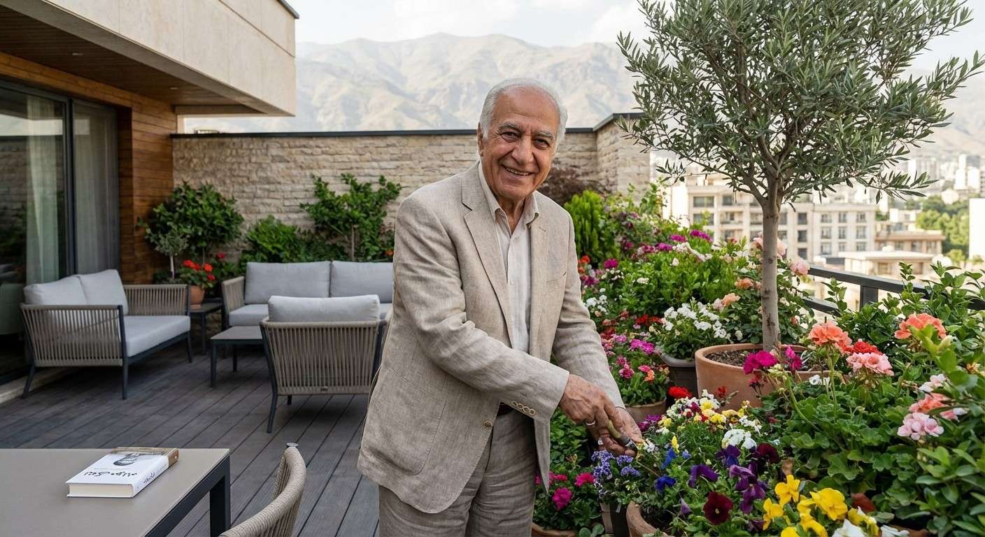 سالمندی شاد که در یک باغچه پر از گل با لبخند به دوربین نگاه می‌کند، نمادی از امید و نشاط در دوران سالمندی.