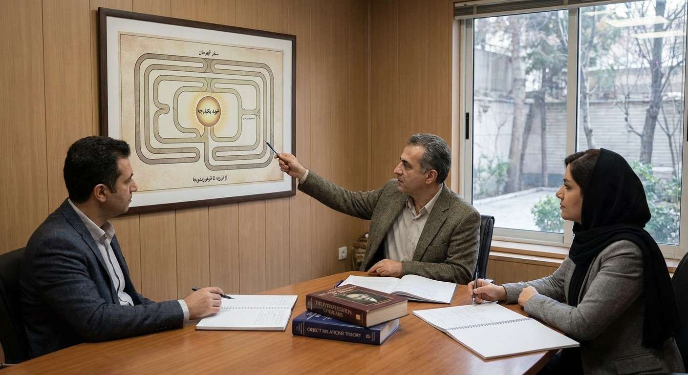 تصویری مفهومی از سفر قهرمان که مسیری پرپیچ‌وخم را به سوی یک نماد درخشان از خودِ یکپارچه نشان می‌دهد.