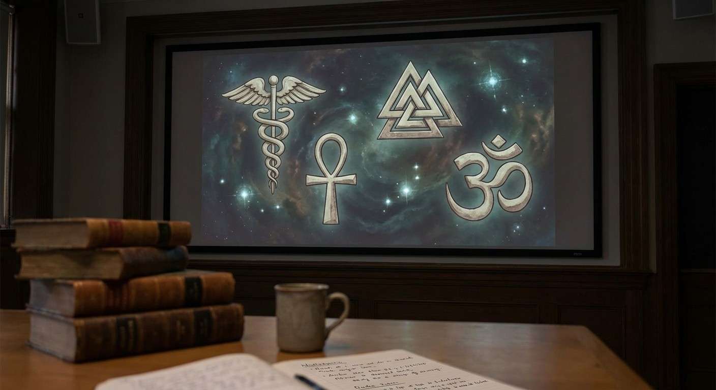 تصویری نمادین از نمادهای باستانی و اسطوره‌ای مختلف از فرهنگ‌های گوناگون که در یک پس‌زمینه کهکشانی شناور هستند.