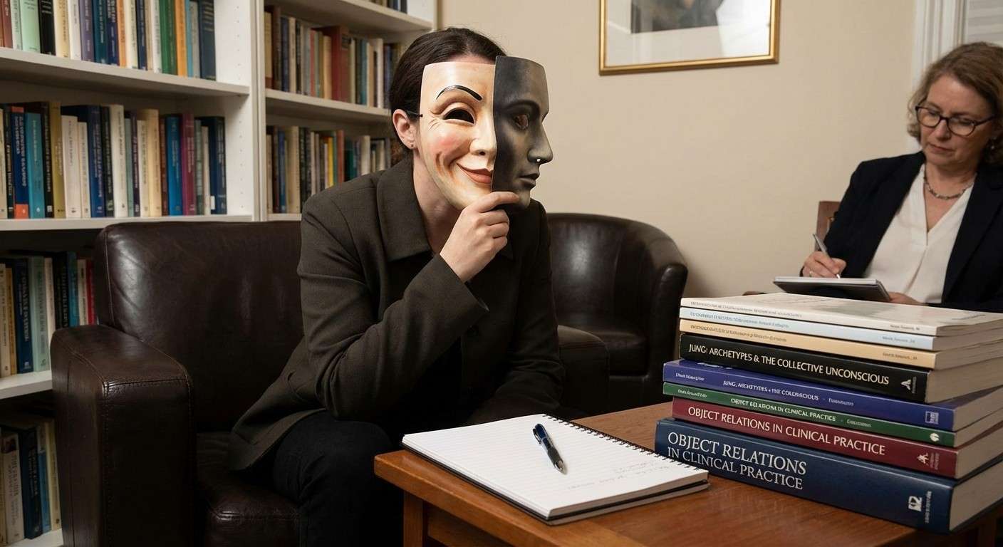 چهره یک فرد که نیمی از آن یک نقاب اجتماعی خندان (پرسونا) و نیم دیگر سایه‌ای تاریک و متفکر است.