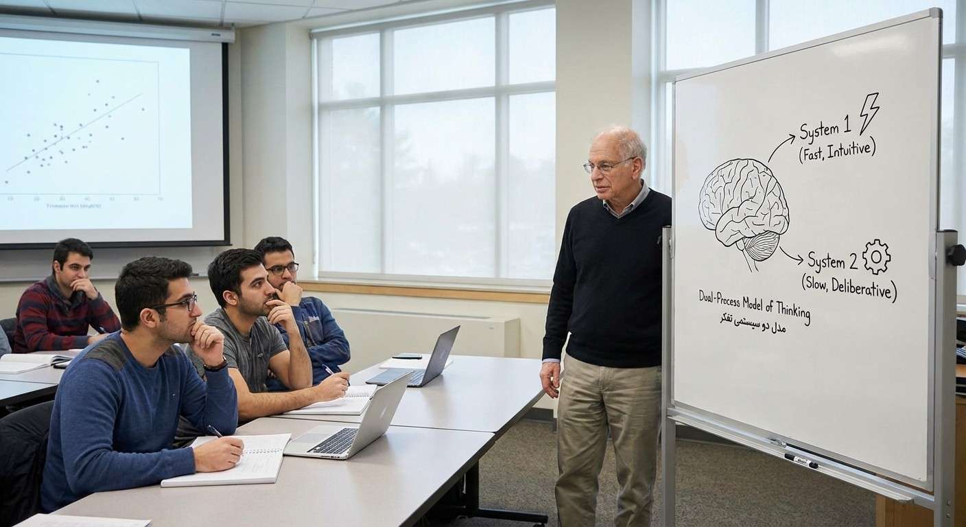 تصویری مفهومی از دنیل کانمن و مدل دو سیستمی تفکر که مغزی را با دو مسیر سریع و آهسته برای تصمیم‌گیری نشان می‌دهد.
