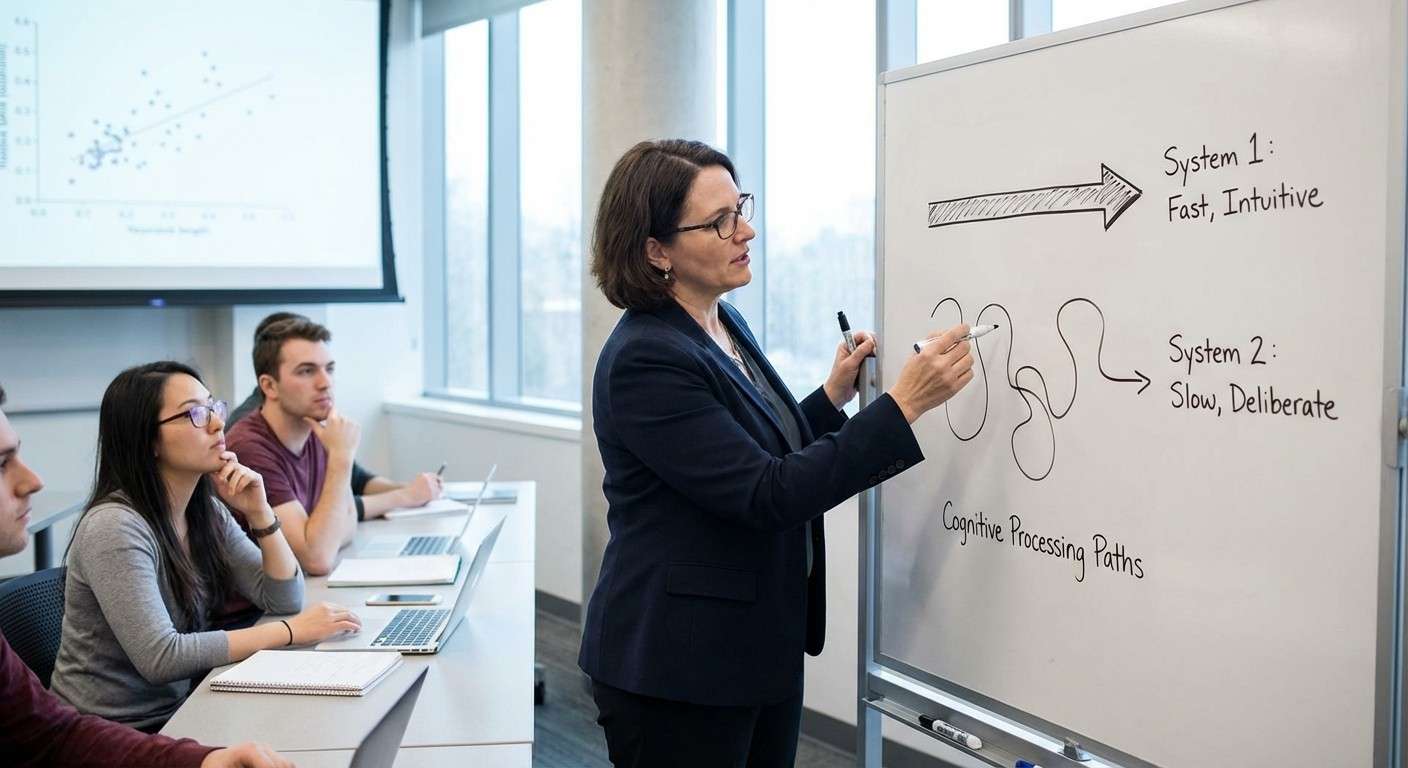 تصویری که دو مسیر فکری را نشان می‌دهد: یک مسیر مستقیم و سریع (سیستم ۱) و یک مسیر پرپیچ‌وخم و کند (سیستم ۲).