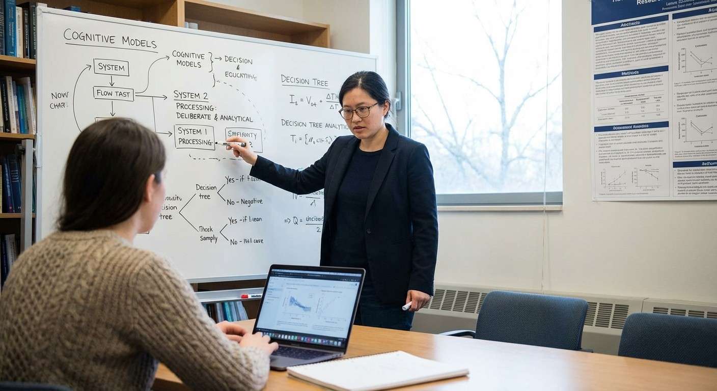 فردی که با تمرکز عمیق در حال حل یک مسئله پیچیده روی تخته است، نمادی از فعالیت سیستم ۲.