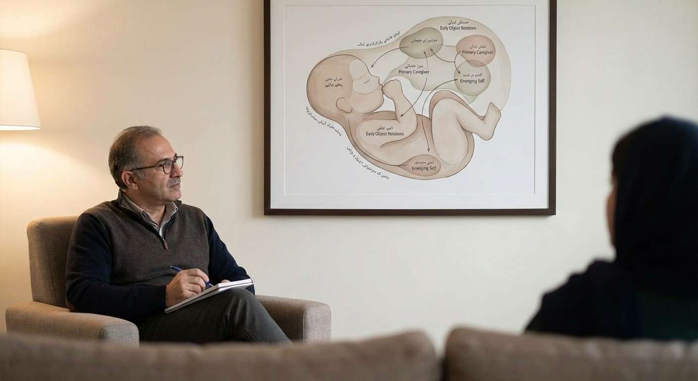 تصویری مفهومی از دنیای درونی یک نوزاد که بازتابی از روابط اولیه و شکل‌گیری شخصیت است.