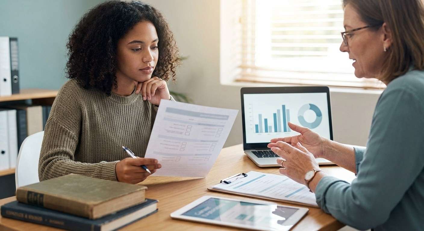 یک نوجوان در حال تفکر به آینده شغلی خود با استفاده از نتایج آزمون رغبت‌سنج کودر.