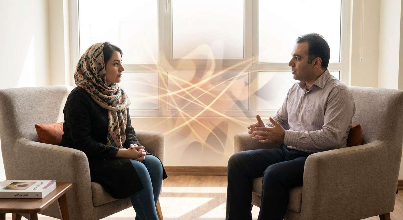 تصویری مفهومی از دو فرد در یک مکالمه درمانی که نشان‌دهنده فضای بین‌ذهنی و رابطه‌مند است.