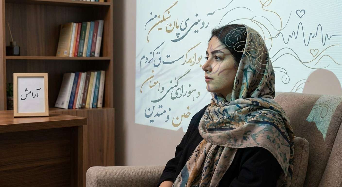 تصویری مفهومی که درهم‌تنیدگی کلمات، نمادها و چهره یک انسان را نشان می‌دهد.