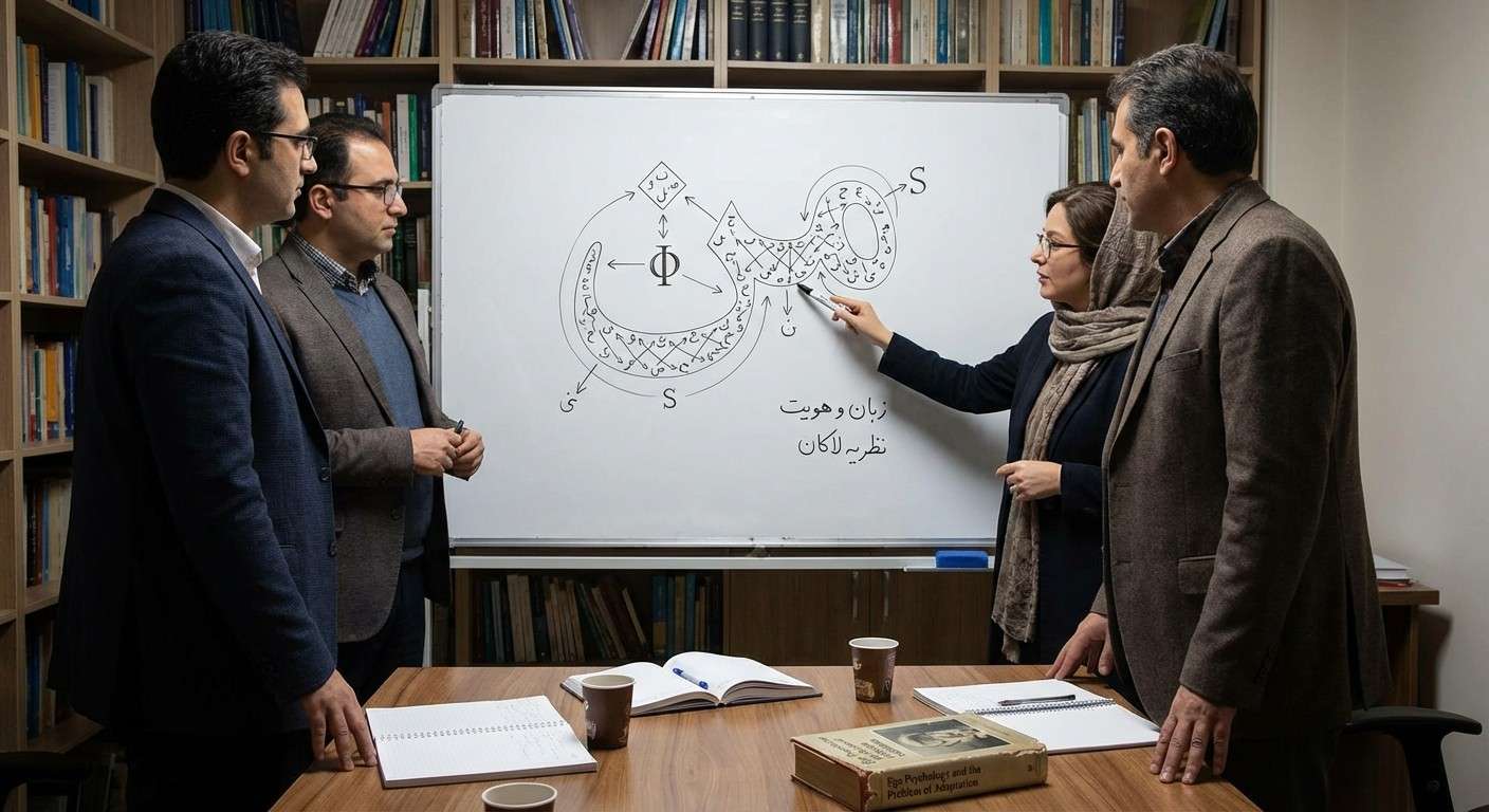 تصویری مفهومی که نشان می‌دهد کلمه «من» از شبکه‌ای پیچیده از حروف و نمادها تشکیل شده است، نماینده نظریه لاکان درباره زبان و هویت.