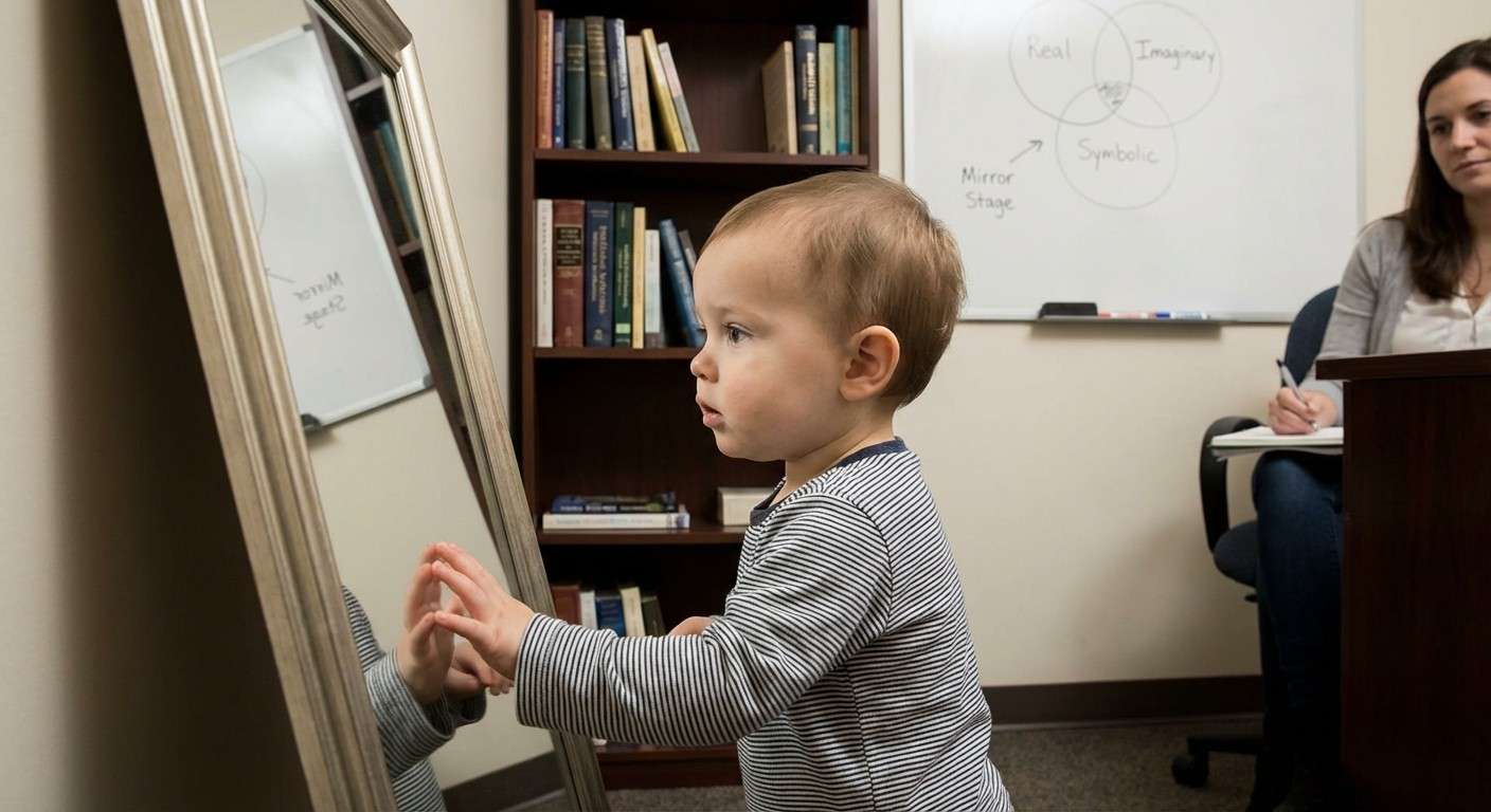 کودکی که با شگفتی به تصویر خود در یک آینه نگاه می‌کند، نماد مرحله آینه‌ای لاکان.