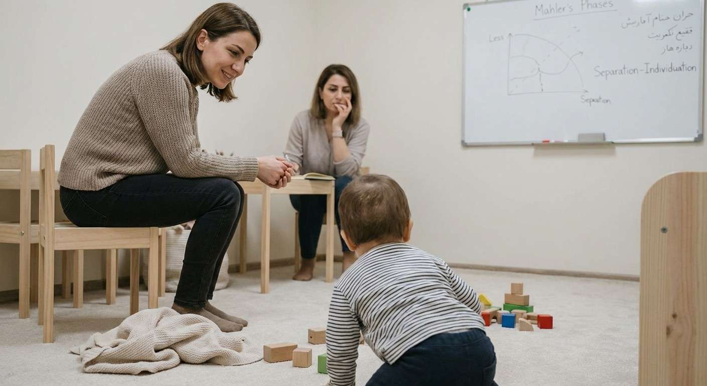 مادری که با لبخند به کودک نوپای خود که در حال دور شدن و کاوش است، نگاه می‌کند، نمادی از نظریه جدایی-تفرد ماهلر.