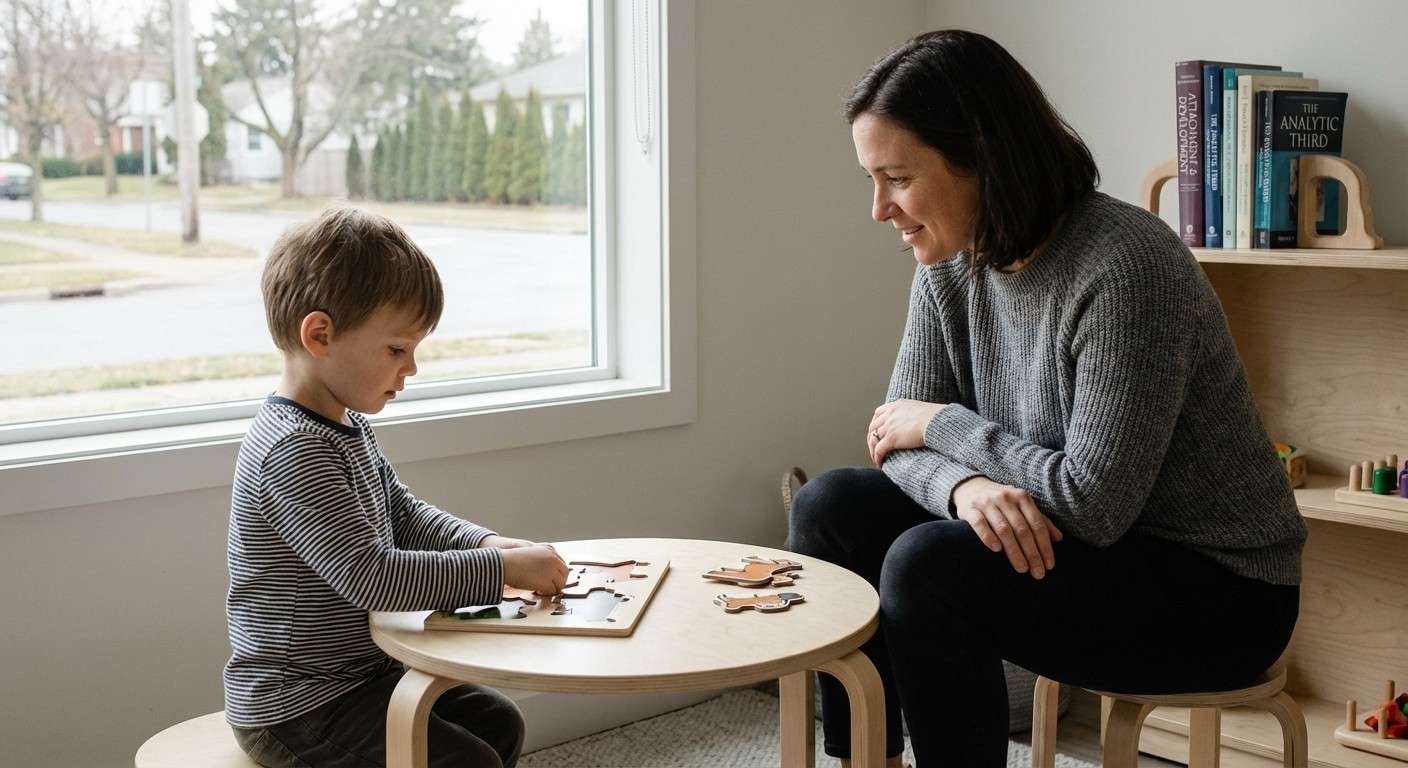 والدی که با آرامش کنار فرزندش نشسته و به او اجازه می‌دهد به تنهایی یک پازل را کامل کند، نمادی از حمایت بدون مداخله.