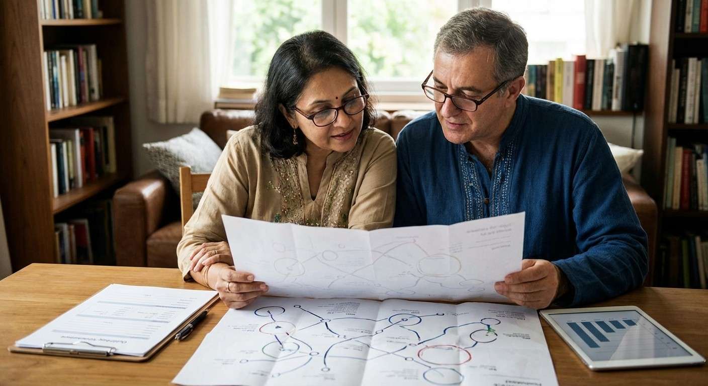 یک زوج با نگاهی متفکرانه به یک نقشه راه پیچیده نگاه می‌کنند که نمادی از شناسایی نقاط ضعف و قوت رابطه با ابزار MSI-R است.