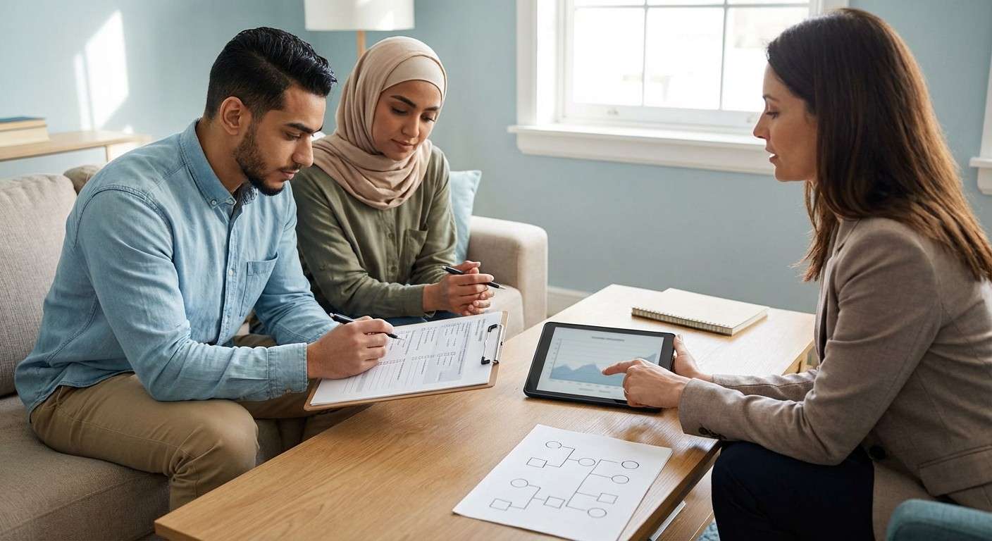 یک نقشه مفهومی که بخش‌های مختلف یک رابطه مانند ارتباطات، امور مالی، فرزندپروری و صمیمیت را به عنوان مناطق مختلف نشان می‌دهد.