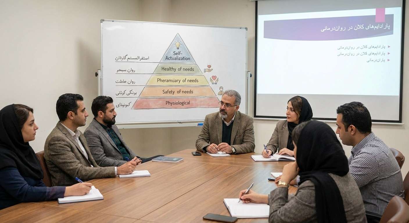 نمایی هنری از هرم نیازهای مزلو که مسیر انسان از نیازهای اولیه تا رسیدن به قله خودشکوفایی را نشان می‌دهد.