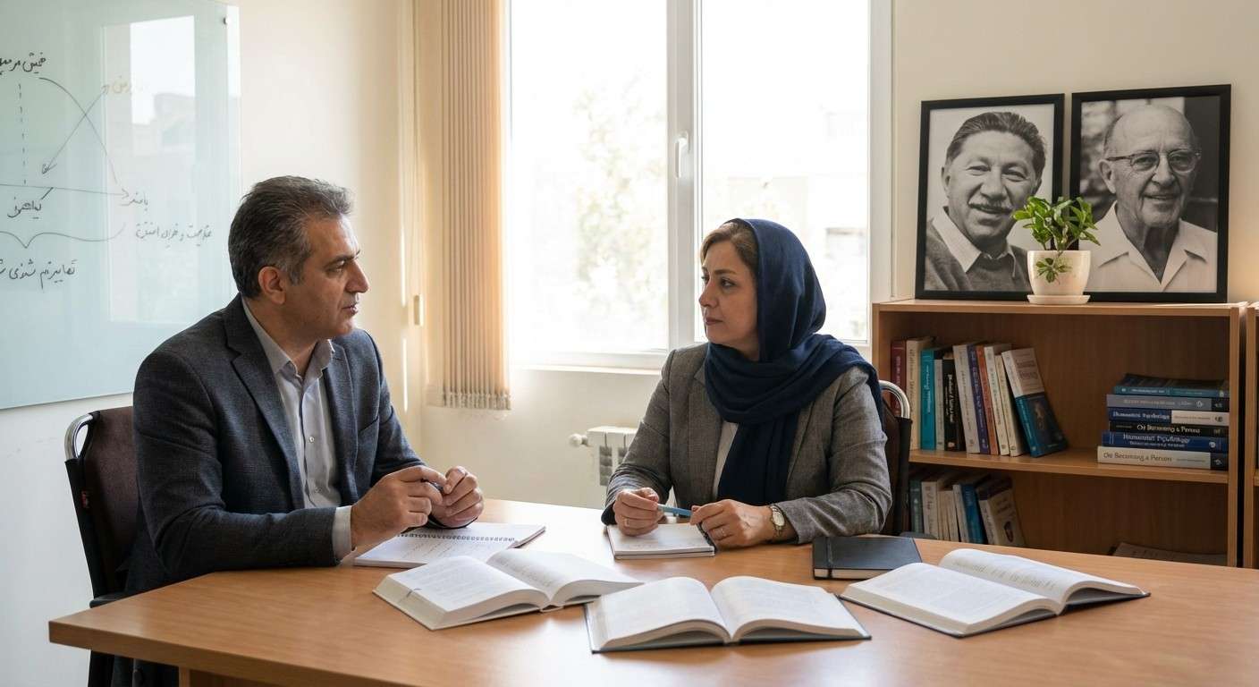 پرتره مفهومی آبراهام مزلو و کارل راجرز، دو معمار روانشناسی انسان‌گرا، با نمادهایی از رشد و شکوفایی.