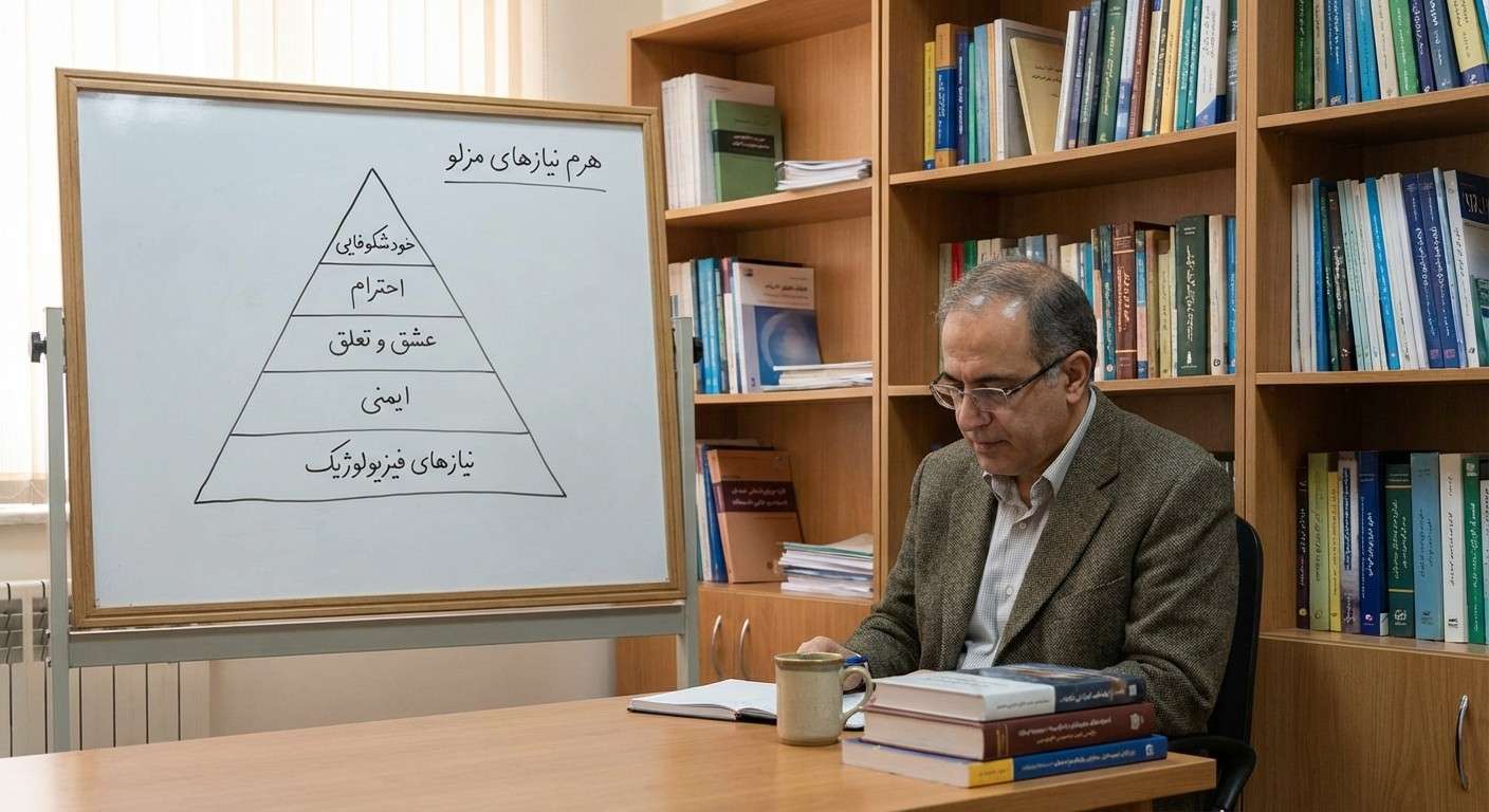 تصویری از هرم نیازهای مزلو که از نیازهای فیزیولوژیک در پایه تا خودشکوفایی در قله را نشان می‌دهد.