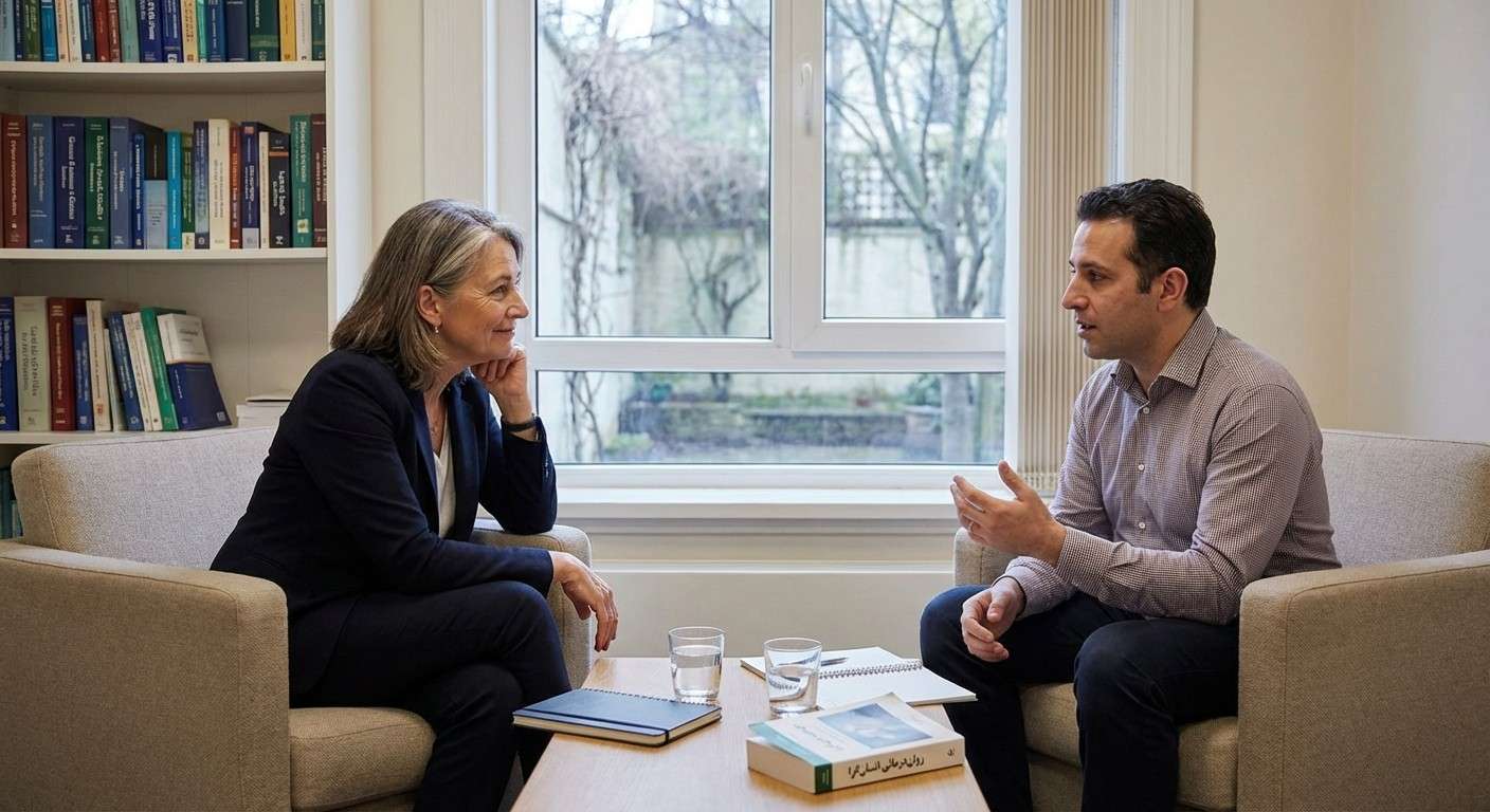 دو نفر که در یک گفتگوی همدلانه و حمایتگرانه نشسته‌اند، نمادی از رابطه درمانی راجری.