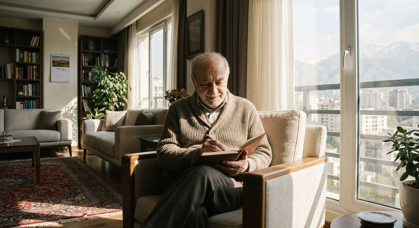 یک سالمند در حال نوشتن خاطرات خود در یک دفتر، در حالی که نور ملایمی از پنجره به داخل می‌تابد.