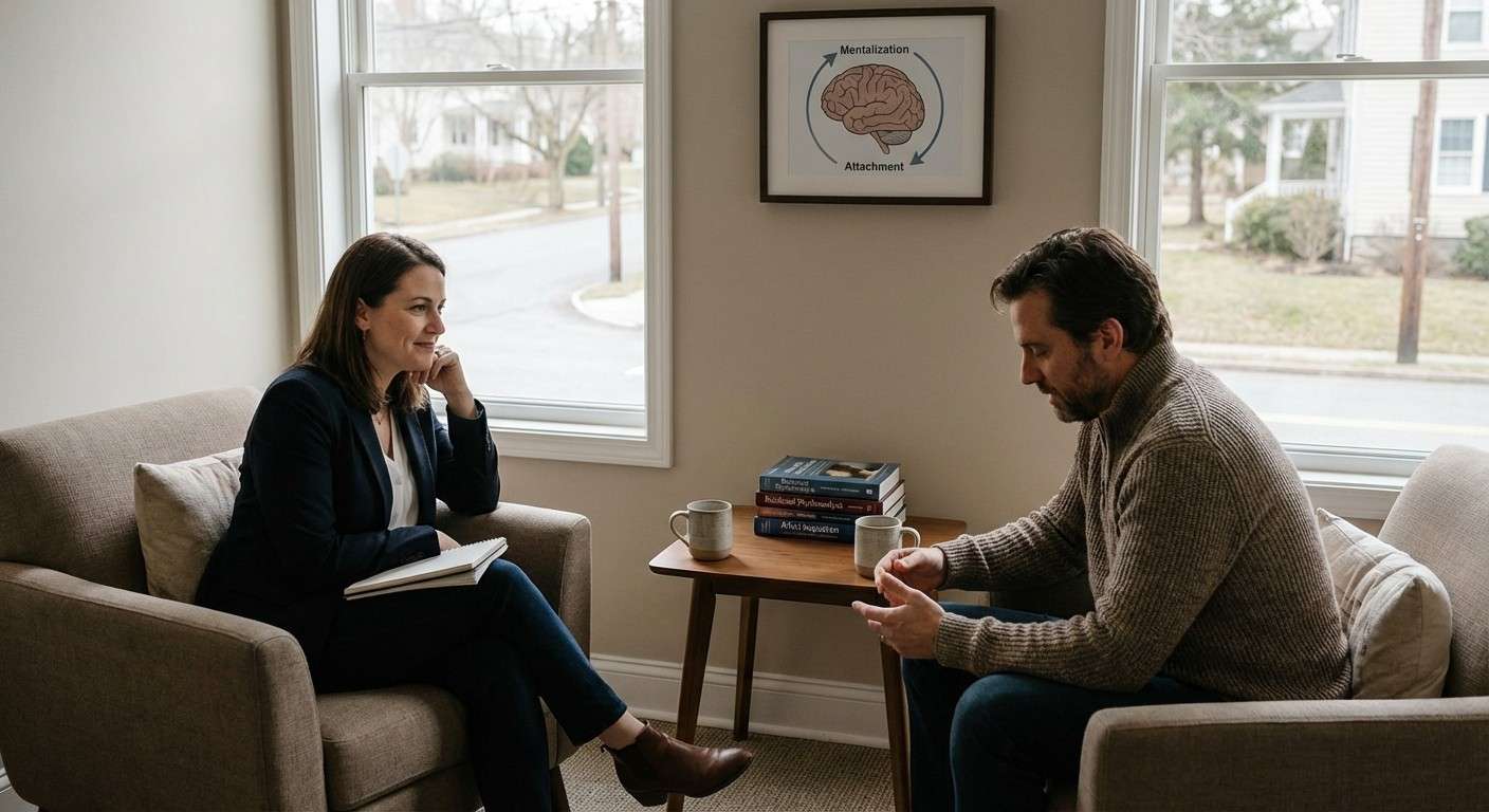 تصویری از دو نفر در حال گفتگوی عمیق و همدلانه، که نمادی از فضای درمانی و رابطه مبتنی بر درک متقابل است.