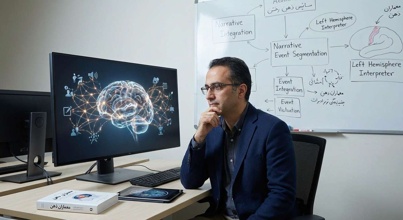 تصویری مفهومی از مغز انسان که در حال بافتن یک داستان پیچیده از رویدادهای پراکنده است.
