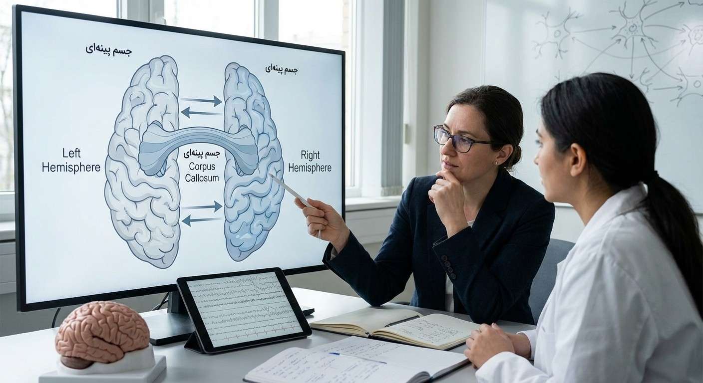 تصویری شماتیک از دو نیمکره مغز و ارتباط آن‌ها از طریق جسم پینه‌ای.