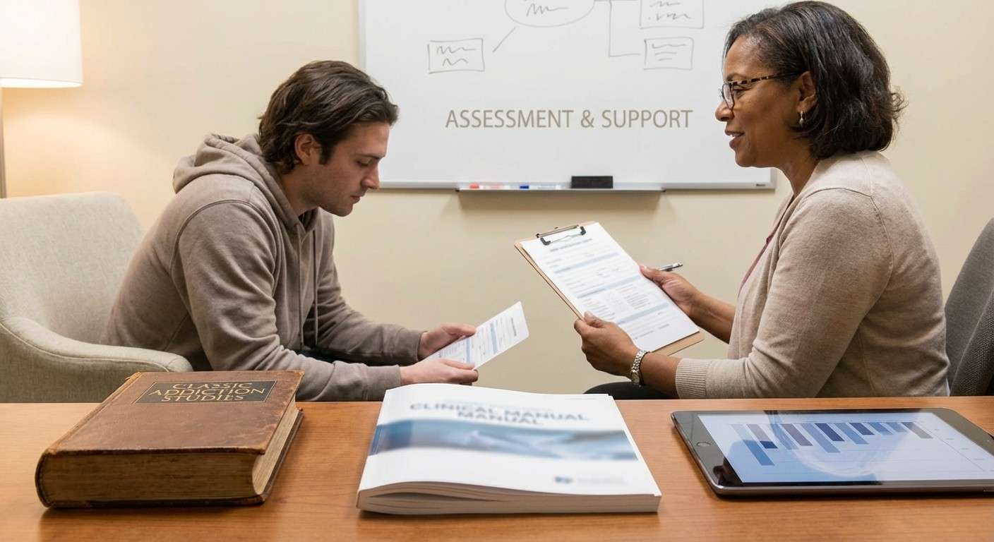 تصویری از یک کتاب قدیمی و کلاسیک در کنار یک راهنمای بالینی مدرن، نمادی از جایگاه آزمون MAST در کنار ابزارهای جدیدتر.