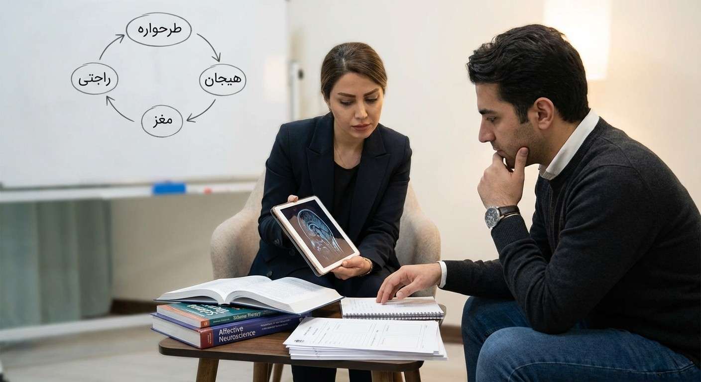 نمایی مفهومی از درمان تلفیقی که طرحواره‌درمانی، EFT و علوم اعصاب را با هم ترکیب می‌کند.