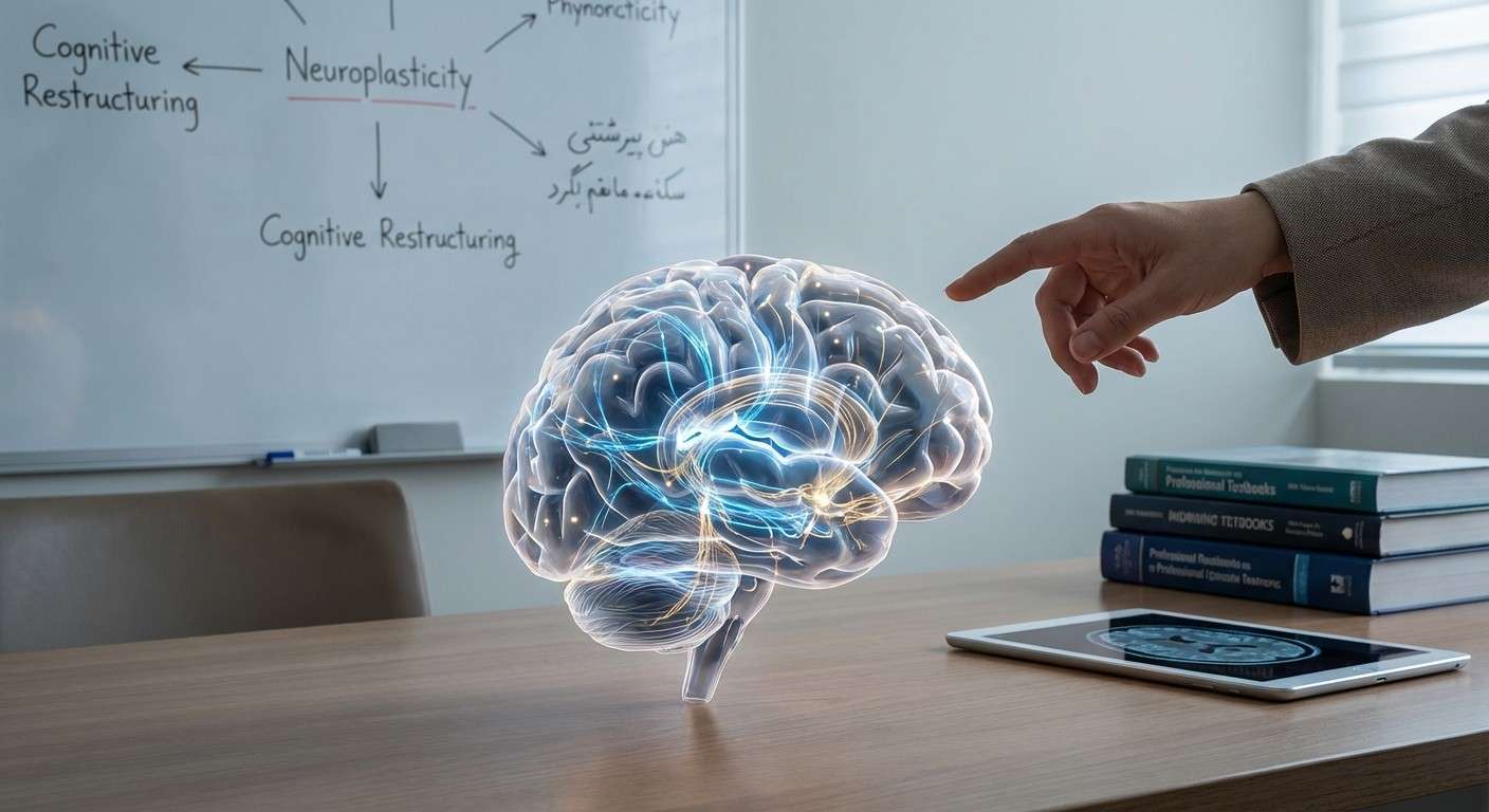 تصویری از مغز انسان با مسیرهای عصبی درخشان که نماد نوروپلاستیسیتی و توانایی مغز برای تغییر از طریق تجربه و درمان است.