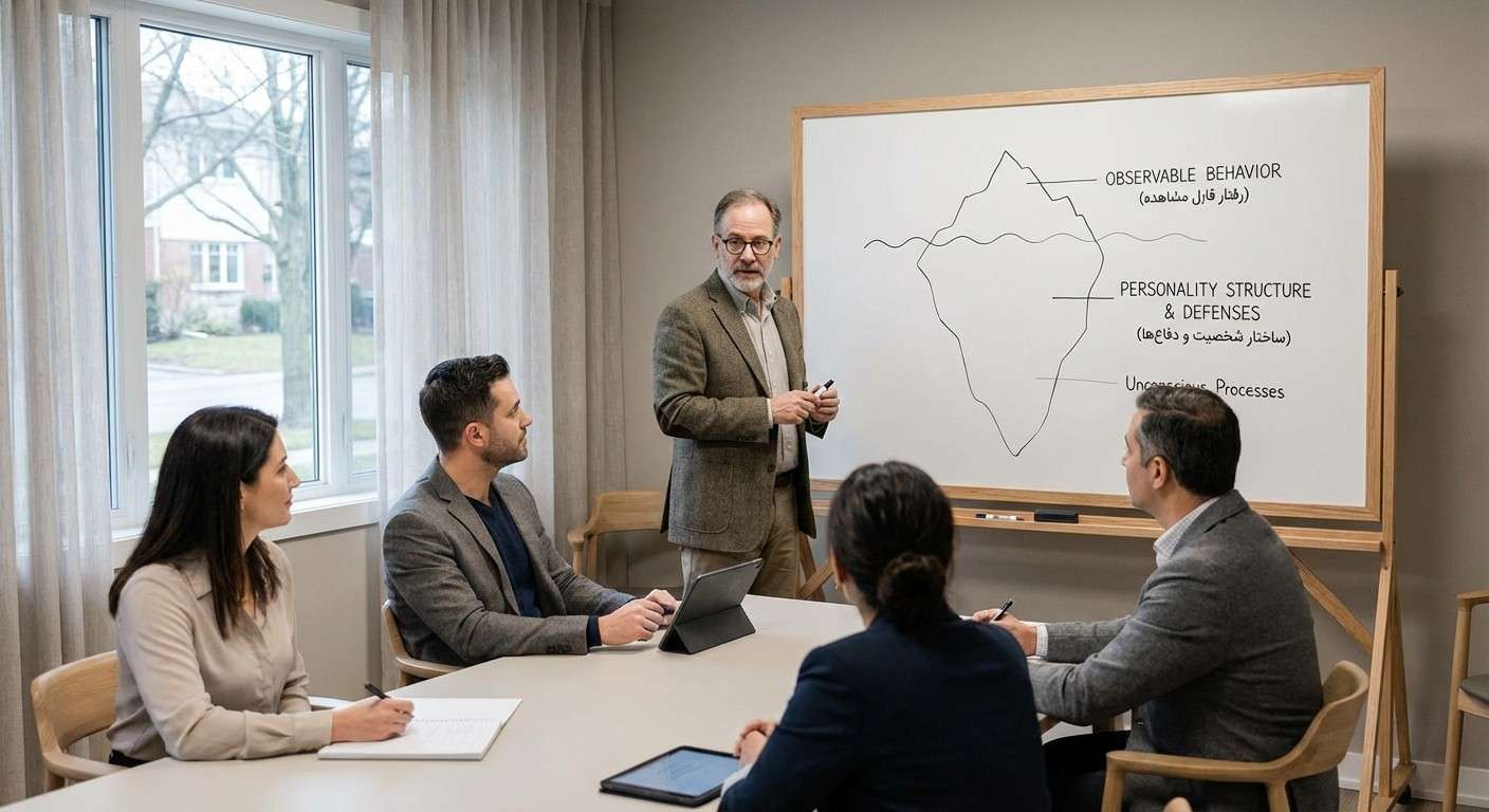 نمودار کوه یخ برای نمایش شخصیت: رفتار قابل مشاهده در سطح و ساختار شخصیت و دفاع‌ها در زیر سطح.